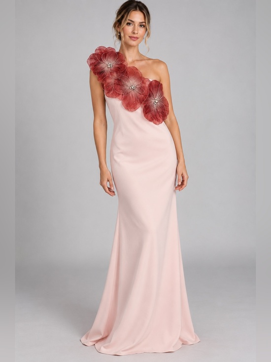 Badgley Mischka Dresses & Skirts - NWT Badgley Mischka 3D Floral Embellished One Shoulder Blush Crepe Gown 2